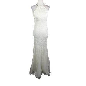 Vintage Cache Cream Floral Lace Halter Formal Long Gown Maxi Dress 0